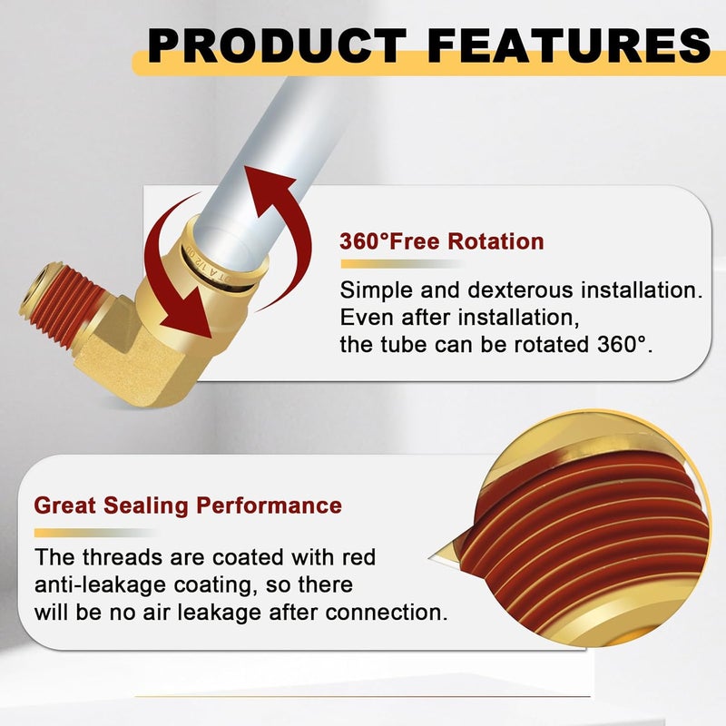 Siptenk 1/2" Elbow DOT Brass Push to Connect Air Line Fittings 5 PCS, 1/2" OD Tube x 1/4" NPT Thread Air Brake Line Quick Connect Fittings for Truck Trailers Industry Air System - Image 3